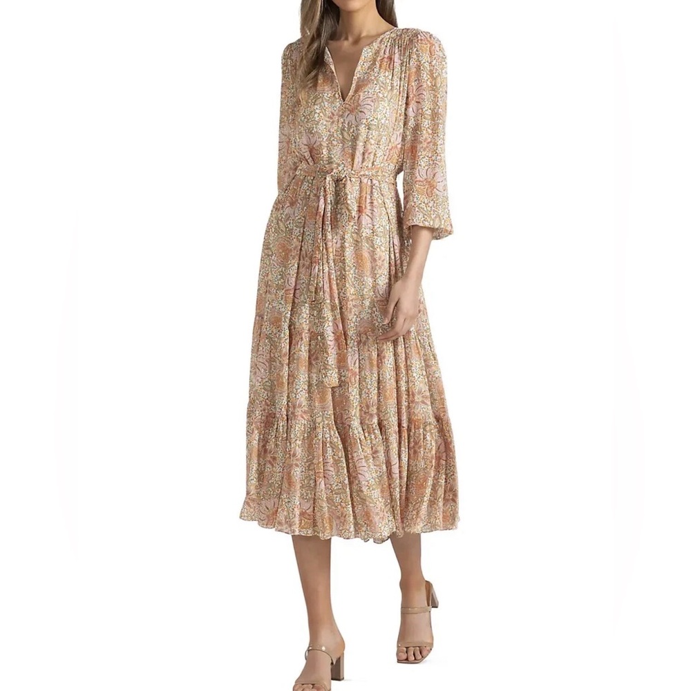 Shoshanna Darya Floral Chiffon Tiered Metallic Midi Dress Size 10